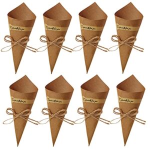 50pcs kraft paper cones bouquet wrapping paper cones wedding confetti candy gift flower paper cones holder with hemp ropes for diy wedding table decor party gift packaging, brown