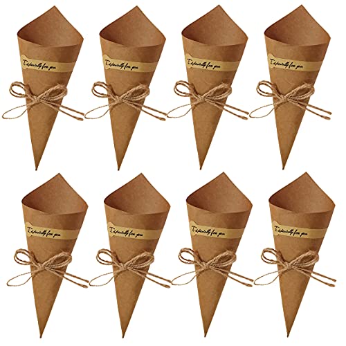 50Pcs Kraft Paper Cones Bouquet Wrapping Paper Cones Wedding Confetti Candy Gift Flower Paper Cones Holder with Hemp Ropes for DIY Wedding Table Decor Party Gift Packaging, Brown