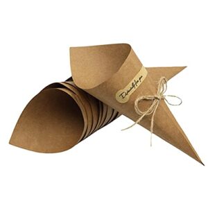 50Pcs Kraft Paper Cones Bouquet Wrapping Paper Cones Wedding Confetti Candy Gift Flower Paper Cones Holder with Hemp Ropes for DIY Wedding Table Decor Party Gift Packaging, Brown