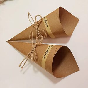 50Pcs Kraft Paper Cones Bouquet Wrapping Paper Cones Wedding Confetti Candy Gift Flower Paper Cones Holder with Hemp Ropes for DIY Wedding Table Decor Party Gift Packaging, Brown