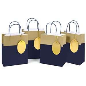 wrapaholic 8 pack small gift bags with handles – 6″ gift bags with gift tags for wedding, birthday, baby shower, party favors – navy & gold