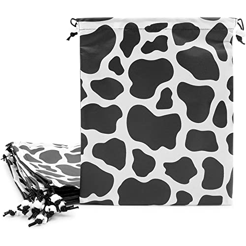 Cow Print Drawstring Party Favor Bags for Farm Birthday (10 x 12 In, 12 Pack)