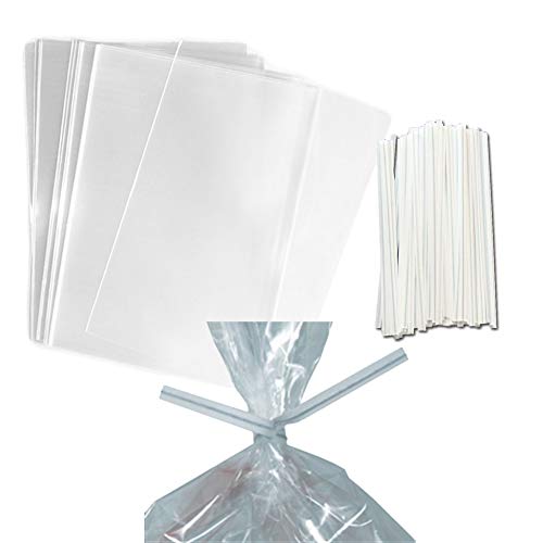 100 Clear Treat & Favor Bags | Ties Included | Great For Cake Pops, Candy, Gifts, Wedding or Party Favors | Food Safe Plastic | Stronger Than Cellophane | 1.5 Mils Thickness | 3" x 4"