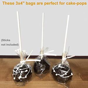 100 Clear Treat & Favor Bags | Ties Included | Great For Cake Pops, Candy, Gifts, Wedding or Party Favors | Food Safe Plastic | Stronger Than Cellophane | 1.5 Mils Thickness | 3" x 4"