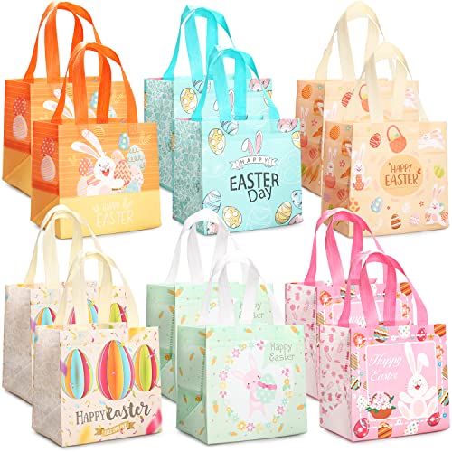 12PCS Easter Egg Hunt Bags Happy Easter Bunny Carrot Chick Egg Gift Bags with Handles, Easter Treat Bags, Multifunctional Non-Woven Easter Bags for Gifts Wrapping, Egg Hunt Game, Easter Party Supplies , 8.3×7.9×5.9inch