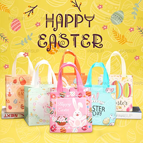 12PCS Easter Egg Hunt Bags Happy Easter Bunny Carrot Chick Egg Gift Bags with Handles, Easter Treat Bags, Multifunctional Non-Woven Easter Bags for Gifts Wrapping, Egg Hunt Game, Easter Party Supplies , 8.3×7.9×5.9inch