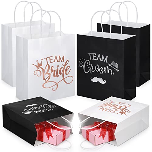 24 Pack Bridal Party Gift Bags Bridesmaid Gift Bag with Handle Bachelorette Gift Bags Team Groom and Team Bride Gift Bags with 24 White Tissue Paper for Wedding, White and Black, 9 x 8 x 4 Inch