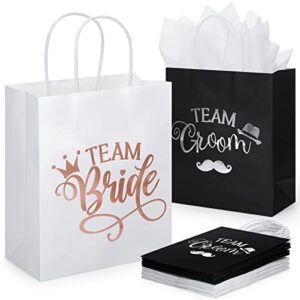 24 pack bridal party gift bags bridesmaid gift bag with handle bachelorette gift bags team groom and team bride gift bags with 24 white tissue paper for wedding, white and black, 9 x 8 x 4 inch
