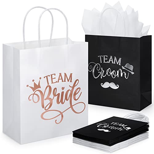 24 Pack Bridal Party Gift Bags Bridesmaid Gift Bag with Handle Bachelorette Gift Bags Team Groom and Team Bride Gift Bags with 24 White Tissue Paper for Wedding, White and Black, 9 x 8 x 4 Inch