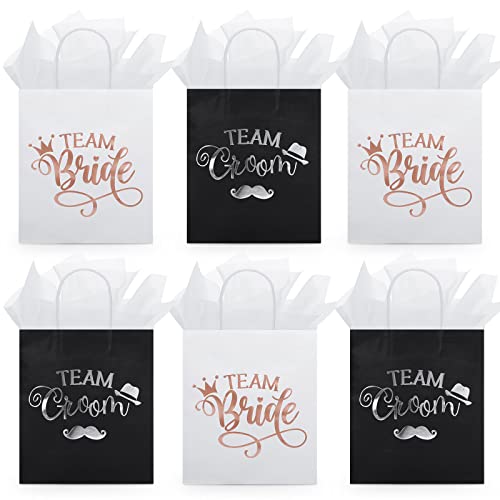 24 Pack Bridal Party Gift Bags Bridesmaid Gift Bag with Handle Bachelorette Gift Bags Team Groom and Team Bride Gift Bags with 24 White Tissue Paper for Wedding, White and Black, 9 x 8 x 4 Inch