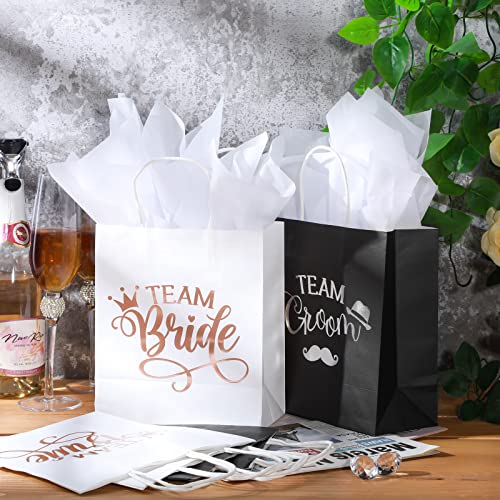 24 Pack Bridal Party Gift Bags Bridesmaid Gift Bag with Handle Bachelorette Gift Bags Team Groom and Team Bride Gift Bags with 24 White Tissue Paper for Wedding, White and Black, 9 x 8 x 4 Inch