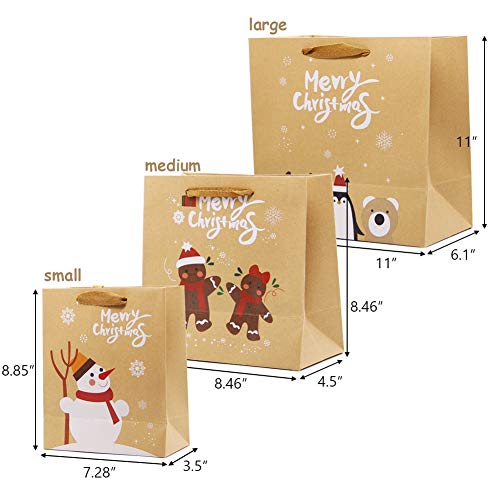 Lulu Home 24 Pcs Christmas Kraft Gift Bags with Handles, Kraft Bags with Assorted Christmas Prints, Christmas Gift Bags Large, Medium and Small for Packing