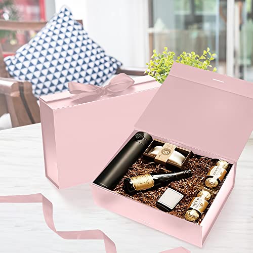 AJH3 ESSENTIALS Gift Box with Lid for Presents 10.5x7.5x3.1 Inches with Ribbon and Magnetic Closure (1 Pack) (Pink)