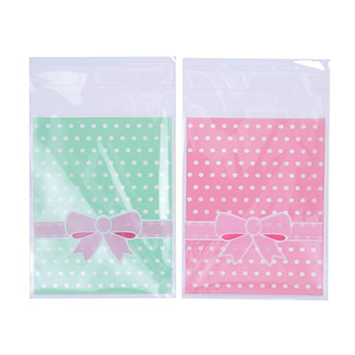 NUOMI 200Pcs Self Adhesive Cellophane Bags, Resealable Cookie Treat Bags for Gift Giving, 3.9"x3.1" Poly Bags Good for Bakery Candle Soap Candy, Pink&Green Polka Dots with Bow Decoration