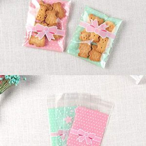 NUOMI 200Pcs Self Adhesive Cellophane Bags, Resealable Cookie Treat Bags for Gift Giving, 3.9"x3.1" Poly Bags Good for Bakery Candle Soap Candy, Pink&Green Polka Dots with Bow Decoration