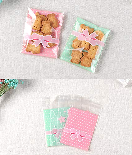 NUOMI 200Pcs Self Adhesive Cellophane Bags, Resealable Cookie Treat Bags for Gift Giving, 3.9"x3.1" Poly Bags Good for Bakery Candle Soap Candy, Pink&Green Polka Dots with Bow Decoration