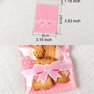 NUOMI 200Pcs Self Adhesive Cellophane Bags, Resealable Cookie Treat Bags for Gift Giving, 3.9"x3.1" Poly Bags Good for Bakery Candle Soap Candy, Pink&Green Polka Dots with Bow Decoration