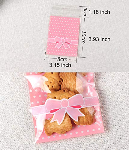 NUOMI 200Pcs Self Adhesive Cellophane Bags, Resealable Cookie Treat Bags for Gift Giving, 3.9"x3.1" Poly Bags Good for Bakery Candle Soap Candy, Pink&Green Polka Dots with Bow Decoration