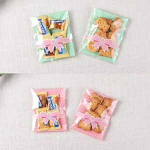 NUOMI 200Pcs Self Adhesive Cellophane Bags, Resealable Cookie Treat Bags for Gift Giving, 3.9"x3.1" Poly Bags Good for Bakery Candle Soap Candy, Pink&Green Polka Dots with Bow Decoration