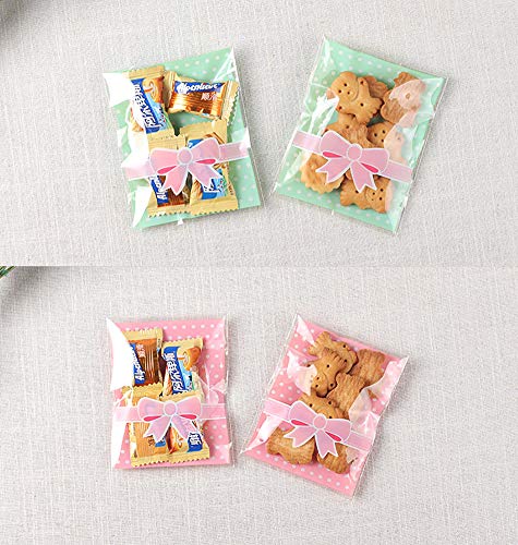 NUOMI 200Pcs Self Adhesive Cellophane Bags, Resealable Cookie Treat Bags for Gift Giving, 3.9"x3.1" Poly Bags Good for Bakery Candle Soap Candy, Pink&Green Polka Dots with Bow Decoration