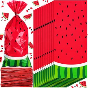 100 pieces watermelon treat bags cellophane bags watermelon party bags plastic candy bag with 200 pieces red twist ties for watermelon birthday party baby shower supplies (red)