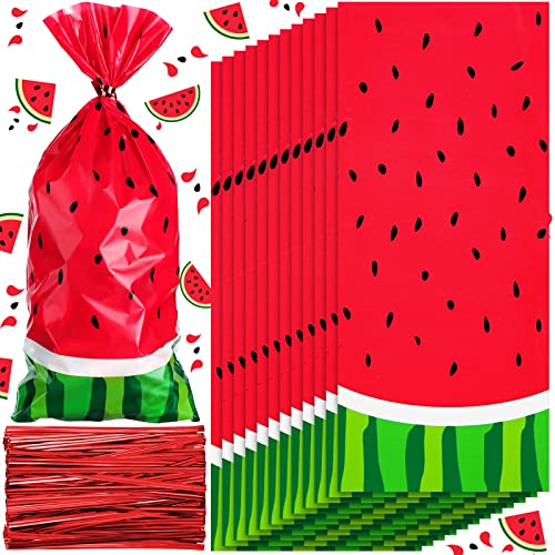 100 Pieces Watermelon Treat Bags Cellophane Bags Watermelon Party Bags Plastic Candy Bag with 200 Pieces Red Twist Ties for Watermelon Birthday Party Baby Shower Supplies (Red)