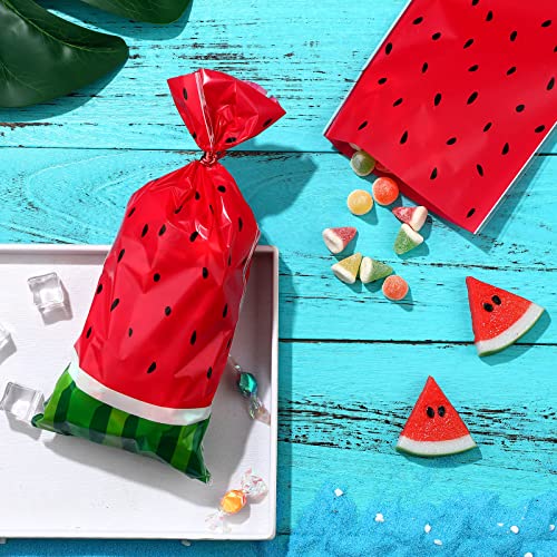 100 Pieces Watermelon Treat Bags Cellophane Bags Watermelon Party Bags Plastic Candy Bag with 200 Pieces Red Twist Ties for Watermelon Birthday Party Baby Shower Supplies (Red)