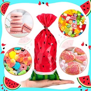 100 Pieces Watermelon Treat Bags Cellophane Bags Watermelon Party Bags Plastic Candy Bag with 200 Pieces Red Twist Ties for Watermelon Birthday Party Baby Shower Supplies (Red)