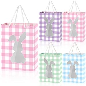 12 Pcs Easter Gift Bags with Handle Rabbit Shape Paper Bags with Window 9x7x4" Bunny Easter Treat Bags Buffalo Plaid Green Blue Purple Pink Goodie Bags Candy Bag for Kids Easter Party Gift Wrapping