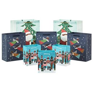 hallmark mahogany christmas gift bag assortment (8 bags; 3 small 6″, 3 medium 9″, 2 large 13″) black santa claus, african-american angels, carolers