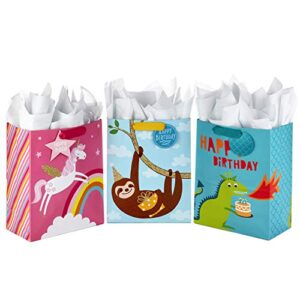 hallmark 13″ large kids birthday gift bags assortment with tissue paper – sloth, dinosaur, unicorn (pack of 3 gift bags, 9 sheets of tissue paper)