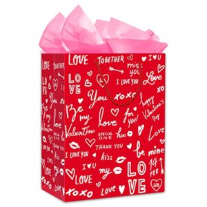 facraft valentines gift bags with handle,large happy valentines day gift bags with tissue paper for her him girlfriend boyfriend,red valentine paper gift bag for valentine’s day anniversary wedding