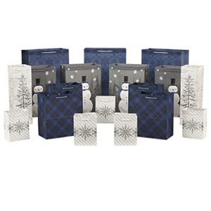 hallmark blue and silver bulk christmas assorted sizes 18 gift bags: 5 small 5″, 4 medium 8″, 4 large 11″, 3 xl 14″, 2 bottle bags |snowflake, tree, snowman, plaid