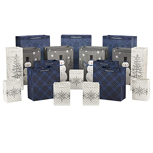 Hallmark Blue and Silver Bulk Christmas Assorted Sizes 18 Gift Bags: 5 Small 5", 4 Medium 8", 4 Large 11", 3 XL 14", 2 Bottle Bags |Snowflake, Tree, Snowman, Plaid