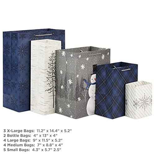 Hallmark Blue and Silver Bulk Christmas Assorted Sizes 18 Gift Bags: 5 Small 5", 4 Medium 8", 4 Large 11", 3 XL 14", 2 Bottle Bags |Snowflake, Tree, Snowman, Plaid