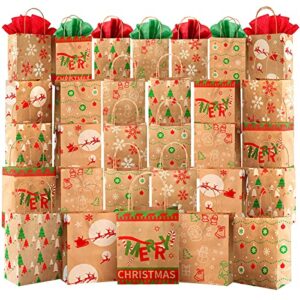 kidtion 30 pcs christmas bags for gift with tissue paper, 6 styles gift bags bulk with handles, 7.5″x9″x3.5″ larger craft bags, reusable xmas paper bags & goody bags, party bags, favor bags