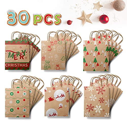 Kidtion 30 PCS Christmas Bags for Gift with Tissue Paper, 6 Styles Gift Bags Bulk with Handles, 7.5"x9"x3.5" Larger Craft Bags, Reusable Xmas Paper Bags & Goody Bags, Party Bags, Favor Bags