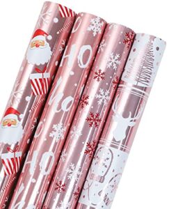 wrapaholic christmas wrapping paper roll – rose gold santa, snowflakes and reindeer holiday collection with metallic foil shine – 4 rolls – 30 inch x 120 inch per roll
