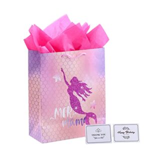 ysmile pink gift bag for girls with tissue paper favor 12″ large paper gift bag with handle for women – mermaid