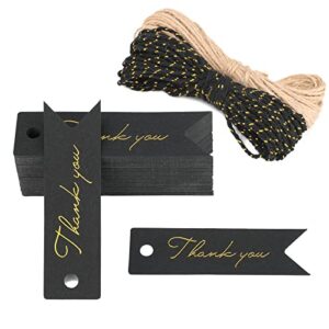 high-end metallic gold thank you tags, 100pcs 2.8” x 0.8” gift tags with string for arts and crafts,gift wrapping (black)