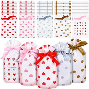 50 pieces treat bags valentines day cookie goodies bags hearts plastic drawstring candy wrapping bags for wedding party bridal engagement favors, 5 styles