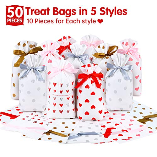 50 Pieces Treat Bags Valentines Day Cookie Goodies Bags Hearts Plastic Drawstring Candy Wrapping Bags for Wedding Party Bridal Engagement Favors, 5 Styles