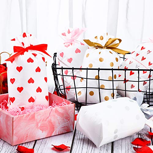 50 Pieces Treat Bags Valentines Day Cookie Goodies Bags Hearts Plastic Drawstring Candy Wrapping Bags for Wedding Party Bridal Engagement Favors, 5 Styles