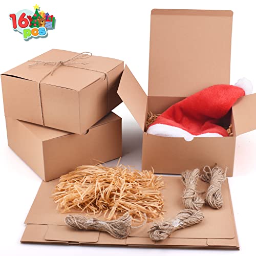 JOYIN 16 Pcs Christmas Kraft Gift Boxes, 8 x 8 x 4 In Easy Assemble Holiday Gifts Boxes with Grass Twines and Raffia Paper for Valentine's Day, Birthday, Wedding, Holiday Gift Wrapping