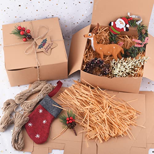 JOYIN 16 Pcs Christmas Kraft Gift Boxes, 8 x 8 x 4 In Easy Assemble Holiday Gifts Boxes with Grass Twines and Raffia Paper for Valentine's Day, Birthday, Wedding, Holiday Gift Wrapping