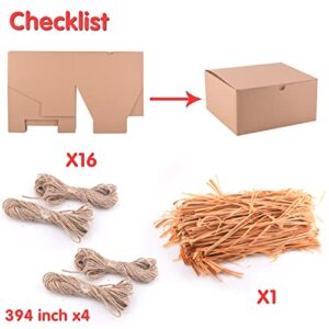 JOYIN 16 Pcs Christmas Kraft Gift Boxes, 8 x 8 x 4 In Easy Assemble Holiday Gifts Boxes with Grass Twines and Raffia Paper for Valentine's Day, Birthday, Wedding, Holiday Gift Wrapping