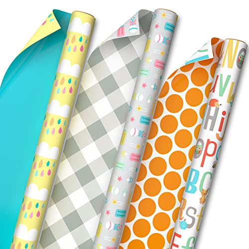 Hallmark All Occasion Reversible Wrapping Paper Bundle - Baby (3 Rolls - 75 sq. ft. ttl) Clouds, ABCs, Bottles, Polka Dots, Solid Blue, Gray Gingham