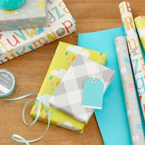 Hallmark All Occasion Reversible Wrapping Paper Bundle - Baby (3 Rolls - 75 sq. ft. ttl) Clouds, ABCs, Bottles, Polka Dots, Solid Blue, Gray Gingham
