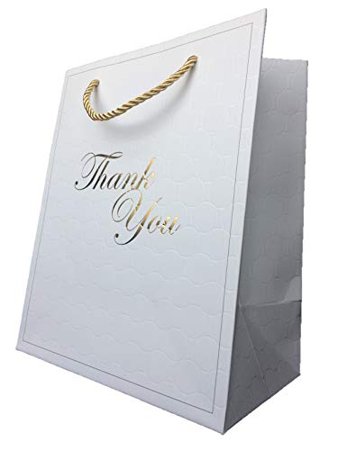 MODEENI White Thank You Gift Bags with Handles 12 Pcs Paper Medium 8x10 Fancy Gold Foil Luxury Event Shopping 8x5x10 Premium Quality Cute Matte Modern Elegant Embossed Birthday Merchandise Clothing Business Wedding