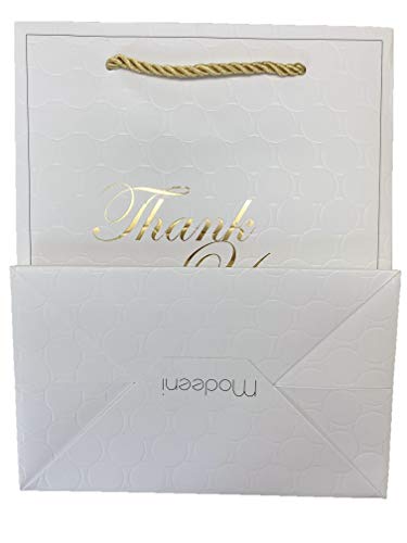 MODEENI White Thank You Gift Bags with Handles 12 Pcs Paper Medium 8x10 Fancy Gold Foil Luxury Event Shopping 8x5x10 Premium Quality Cute Matte Modern Elegant Embossed Birthday Merchandise Clothing Business Wedding